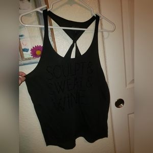 Twisted back, black tank top. Size Women small. "Sculpt & sweat & wine".